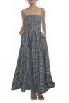 Rosa Clothing Minimalist Gingham Strapless Flare Maxi Dress In Black In Blue