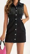 Rosa Clothing Pocket Rhinestone Fringe Sleeveless Denim Dress In Black In Black