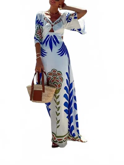Rosa Clothing Printed Backless Dress In Multicolor In Blue