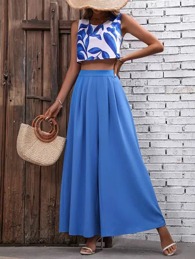 Rosa Clothing Printed Top Wide-leg Pants Two-piece Set In Blue
