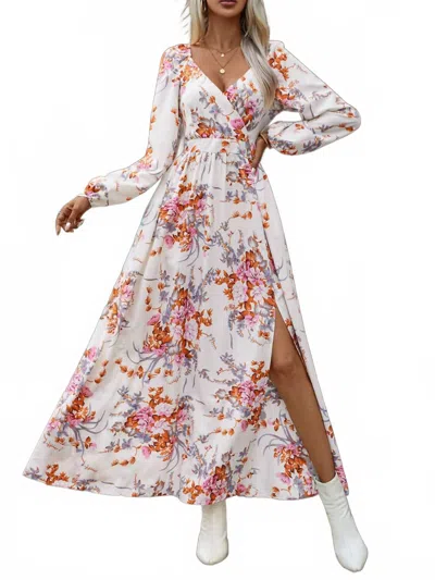 Rosa Clothing Vintage V-neck Print Long Sleeve Maxi Dress In White In Multi