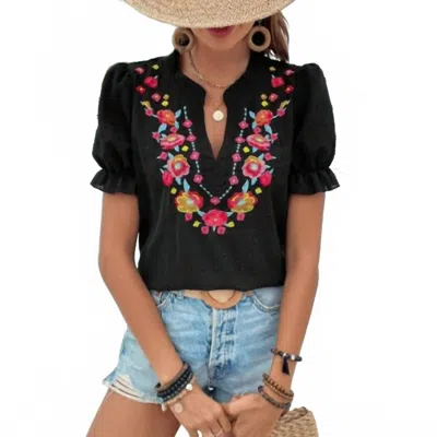 Rosa Clothing Women's Swiss Dot Puff Sleeve Floral Embroidery Top In Black