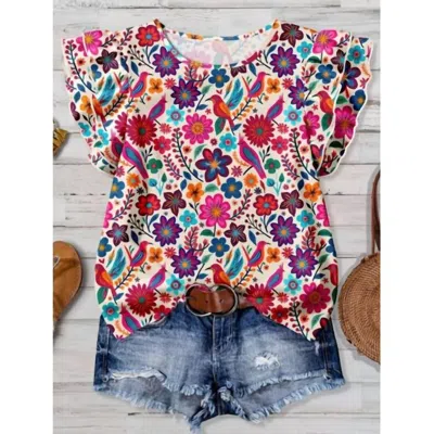 Rosa Clothing Women's Western Vintage Floral Ruffle Sleeve Top In Multi