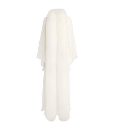Rosamosario Fox Fur-trimmed Silk Dressing Gown In White
