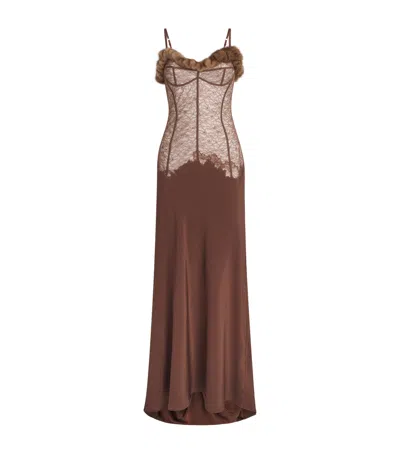Rosamosario Mink-silk Lace Slip Maxi Dress In Brown