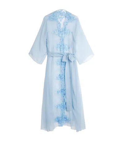 Rosamosario Silk Embellished Long Robe In Blue