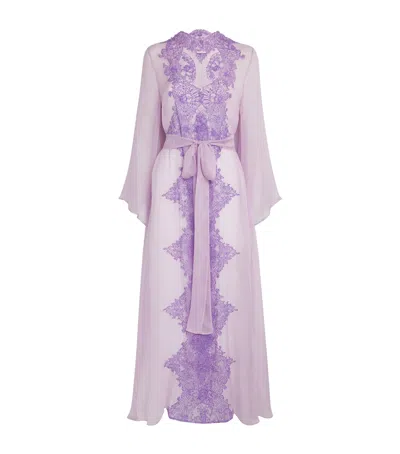 Rosamosario Silk Embellished Long Robe In Purple