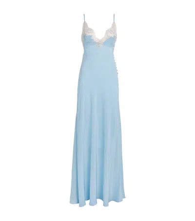 Rosamosario Silk Embellished Maxi Slip Dress In Blue