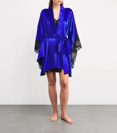 Rosamosario Silk Lace-trim Robe In Blue