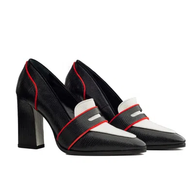 Rosamund Muir London Women's Black / White / Red Annabel Black And White Lizard Loafers In Black/white/red