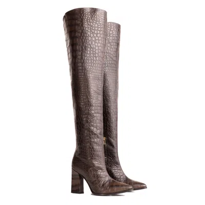 Rosamund Muir London Women's Roma Dark Brown Crocodile Over Knee Boots