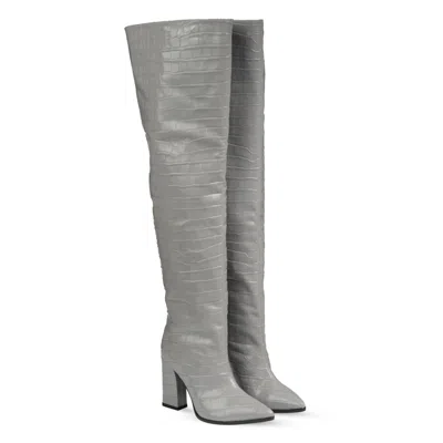 Rosamund Muir London Women's Roma Light Grey Crocodile Print Over Knee Boots In Grey