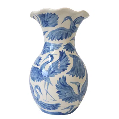 Rosanna Corfe Blue / White Herons Hand Painted Scalloped Vase - Blue
