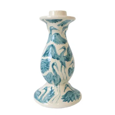 Rosanna Corfe Green / Blue Herons Hand Painted Ceramic Candlestick  - Blue, Green In Green/blue