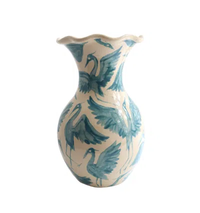 Rosanna Corfe Green / Blue Herons Hand Painted Scalloped Vase - Teal