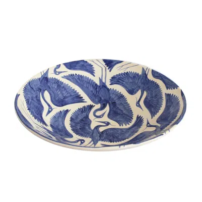 Rosanna Corfe Neutrals / Blue Hand Painted Herons Large Serving Bowl - Deep Blue