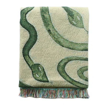 Rosanna Corfe White / Green / Neutrals Snakes Woven Throw - Green, Neutrals, White In White/green