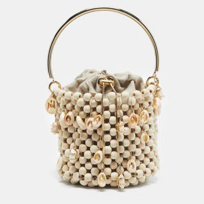 Pre-owned Rosantica Beige Beaded Wood Shell Embellished Pochette Bag In Sand