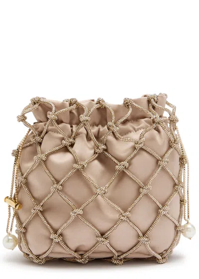 Rosantica Selene Capri Crystal-embellished Satin Drawstring Bag In Neutral