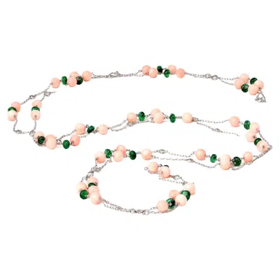 Pre-owned Rosaria Varra Signed  Angel-skin Coral Emerald Bead And Diamond Opera Necklace In Red