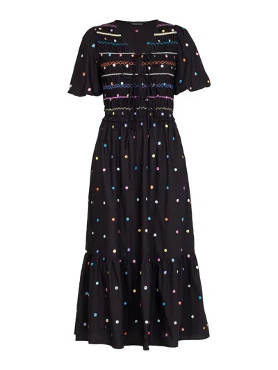 Rose & Nancy Women's Blue / Black / Yellow Eddie Black Multi Embroidered Smocked Maxi Dress