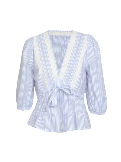 Rose & Nancy Women's Blue / White Chloe Blue Stripe Lace Trim Blouse