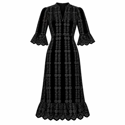 Rose & Nancy Women's Cat Black Embroidered Velvet Midi Dress
