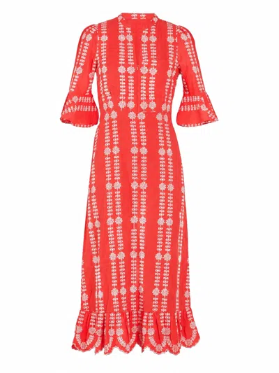 Rose & Nancy Women's Cat Coral Embroidered Midi Dress In Red