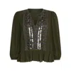 Rose & Nancy Women's Green Hailey Khaki Frill Mirror Embellished Blouse In Green