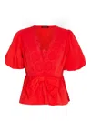 Rose & Nancy Women's Haillie Coral Red Lace Trim Bow Blouse