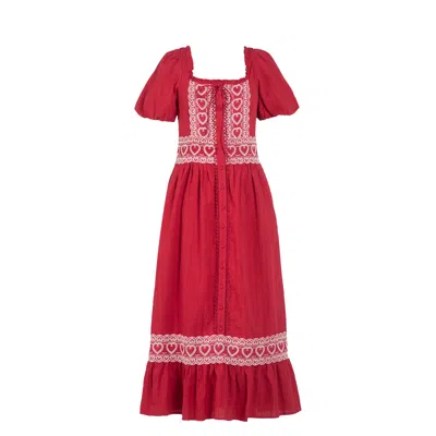 Rose & Nancy Women's Harri Red And White Cotton Heart Embroidery Short Sleeve Maxi Dress