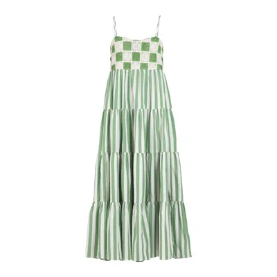 Rose & Nancy Women's Helena Green Cotton Crochet Stripe Maxi Sun Dress