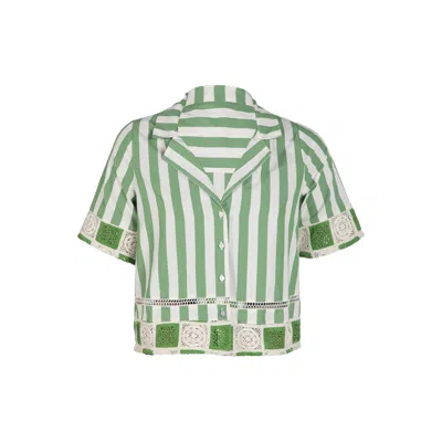 Rose & Nancy Women's Helena Green Stripe Crochet Trim Cotton Resort Shirt