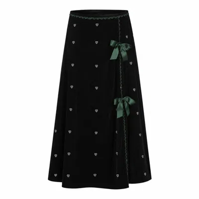 Rose & Nancy Women's Illy Green Embroidered Heart Velvet Skirt
