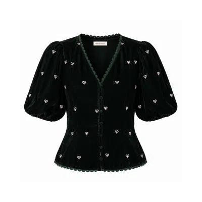 Rose & Nancy Women's Illy Green Embroidered Heart Velvet Top