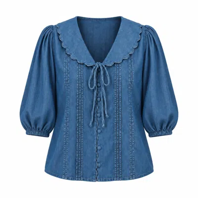 Rose & Nancy Women's Olive Blue Denim Tencel Collar Blouse
