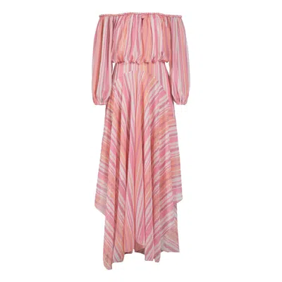 Rose & Nancy Women's Orange / Pink Lila Pink Coral Metallic Stripe Asymetric Haxi Dress In Multi