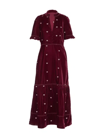 Rose & Nancy Women's Sara Burgundy Heart Embroidered Velvet Dress In Red