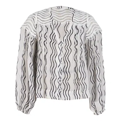 Rose & Nancy Women's White Corinne Cream Waves Print Lace Trim Blouse