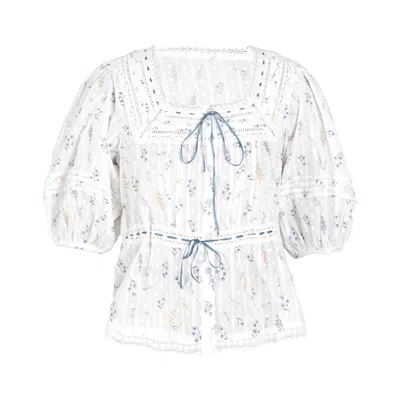 Rose & Nancy Women's White Ella Pretty Priarie Print Cotton Blouse