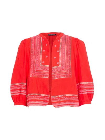 Rose & Nancy Women's White / Red Florence Coral Red Embroidered Easy Throw-on Jacket