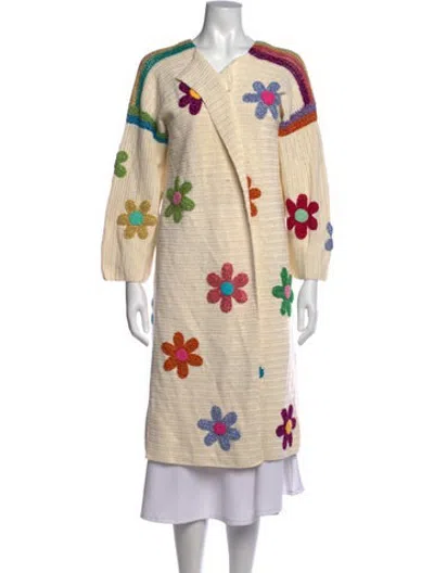 Pre-owned Rose Carmine Floral Print Open Front Sweater In Neutrals