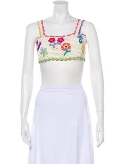 Pre-owned Rose Carmine Floral Print Square Neckline Crop Top In Gold