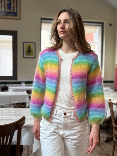 Rose Carmine Mini Jacket Stripes Cardigan In Pastels Rainbow In Multi