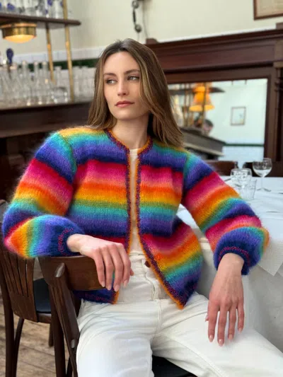 Rose Carmine Mini Jacket Stripes Cardigan In Strong Rainbow In Multi