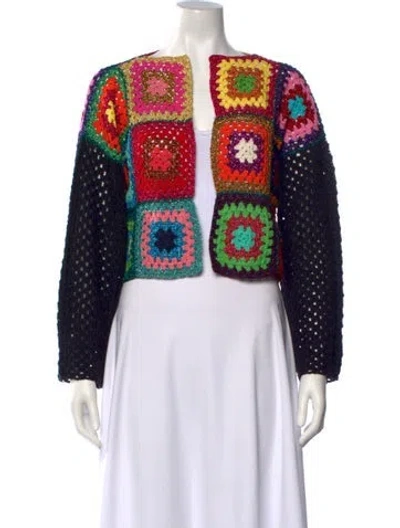 Pre-owned Rose Carmine Patterned Open Front Sweater In Black