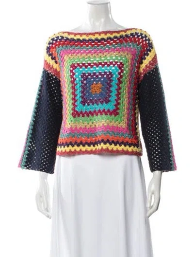 Pre-owned Rose Carmine Printed Bateau Neckline Sweater In Blue