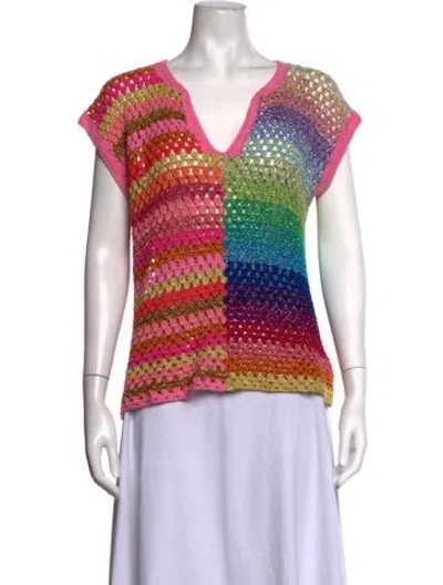 Pre-owned Rose Carmine Striped V-neck Top In Multicolor