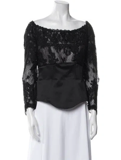 Pre-owned Rose Taft Lace Pattern Bateau Neckline Blouse In Blue