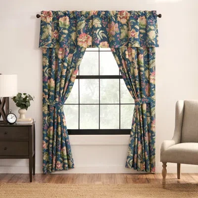 Rose Tree Secret Garden  Floral Tailored Drapery Panel Set In Navy